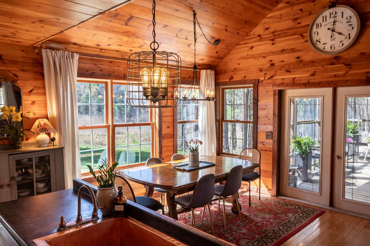 Chandelier, Dining room, Interior, Pendant Lights, Wooden Ceilings, Wood Texture Flooring, Wooden Walls