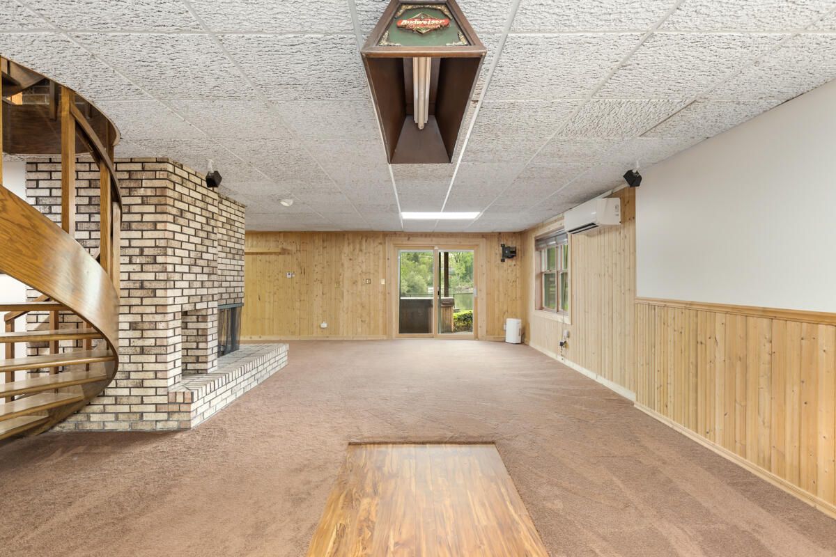 Empty room, Fireplace, Interior, Recessed Lighting, Wooden Walls