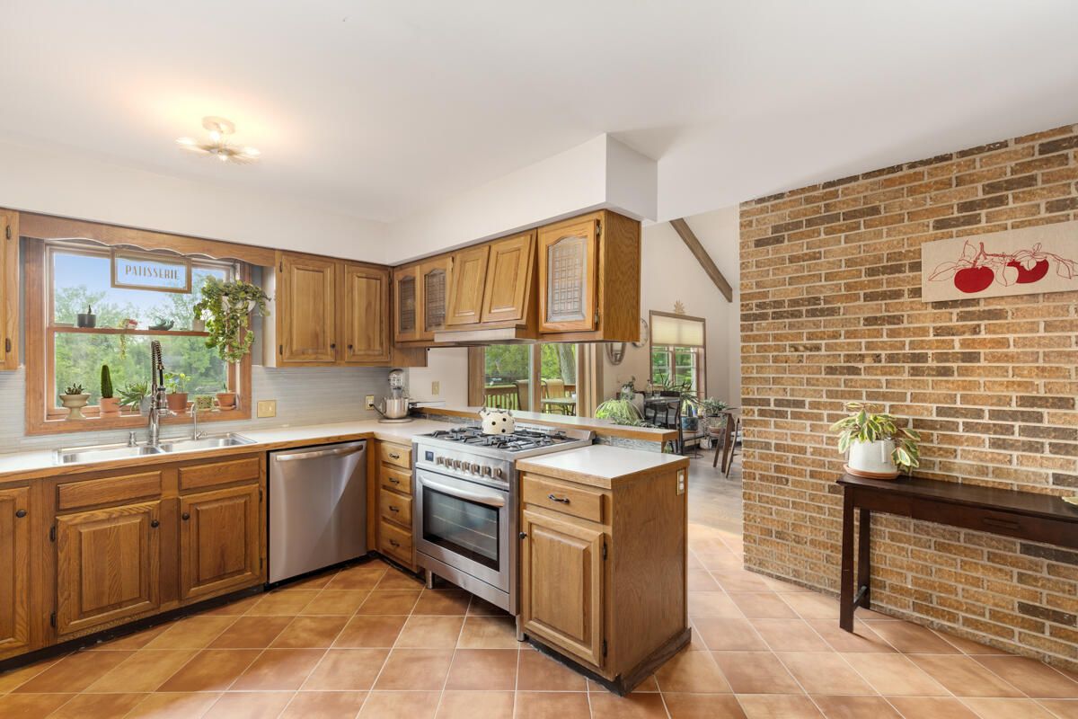 Interior, Kitchen, Stainless Steel Appliances, Stone Walls