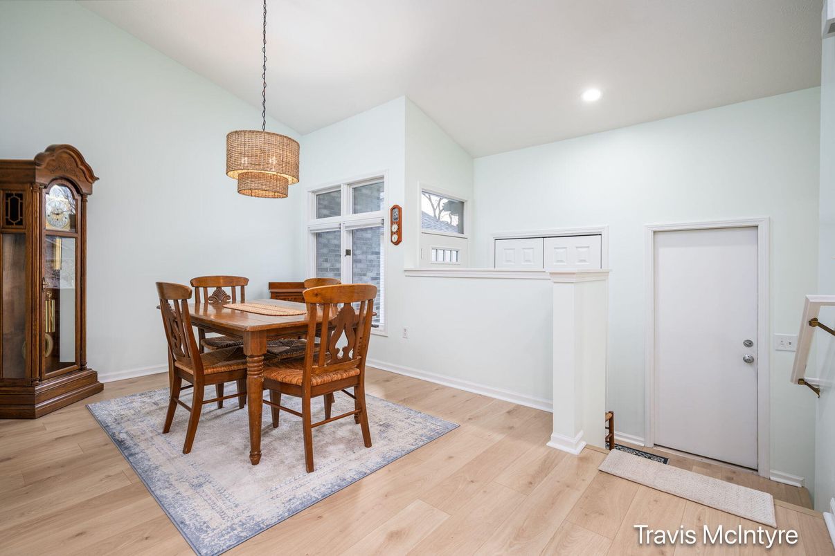 Dining room, Interior, Pendant Lights, Recessed Lighting, Wood Texture Flooring