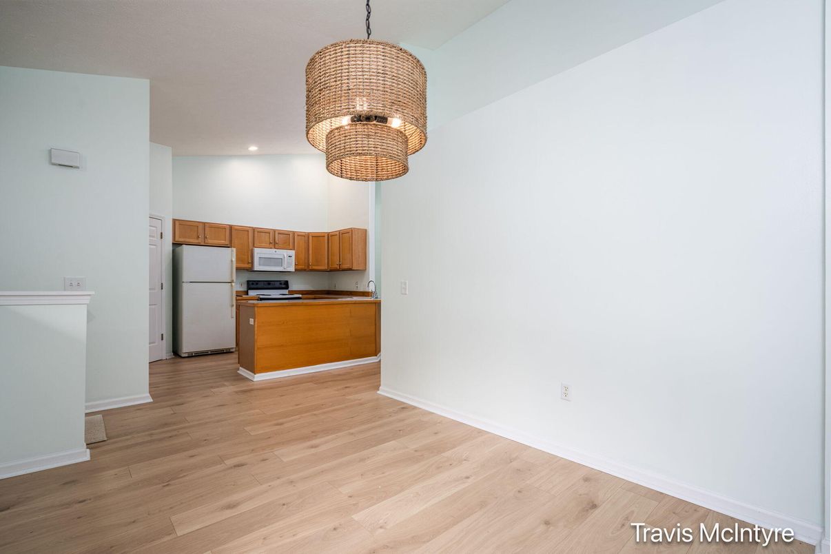 Chandelier, Interior, Kitchen, Recessed Lighting, Wood Texture Flooring