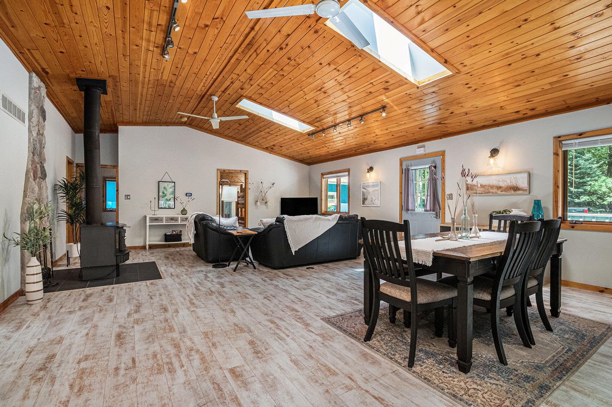 Dining room, Fireplace, Interior, Living room, Wooden Ceilings