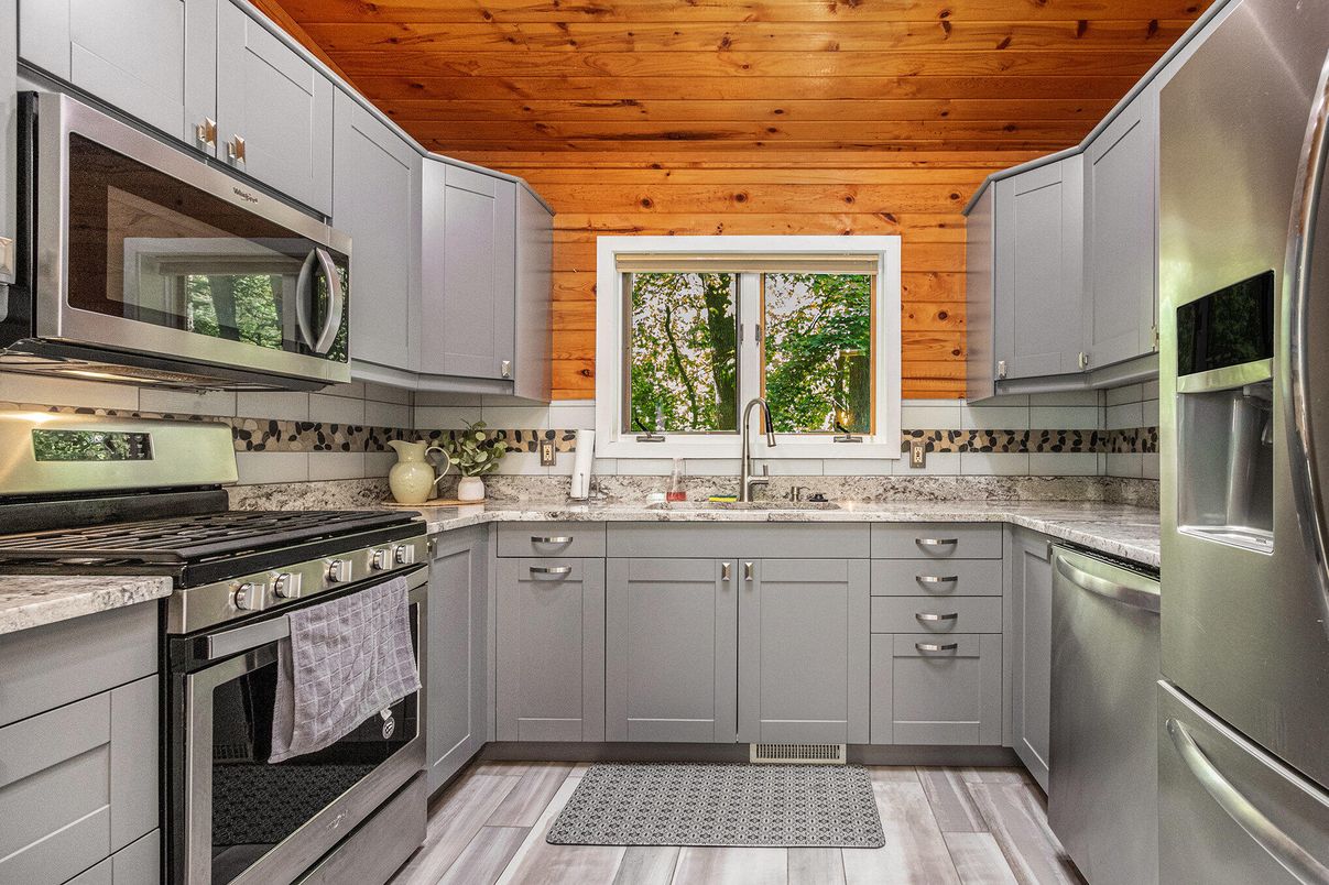 Interior, Kitchen, Stainless Steel Appliances, Wooden Ceilings, Wood Texture Flooring, Wooden Walls