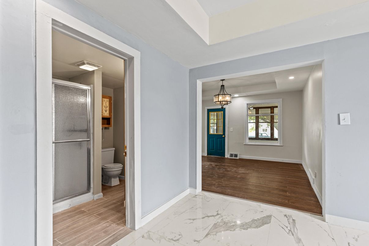 Bathroom, Glass Shower, Interior, Marble, Recessed Lighting, Wood Texture Flooring