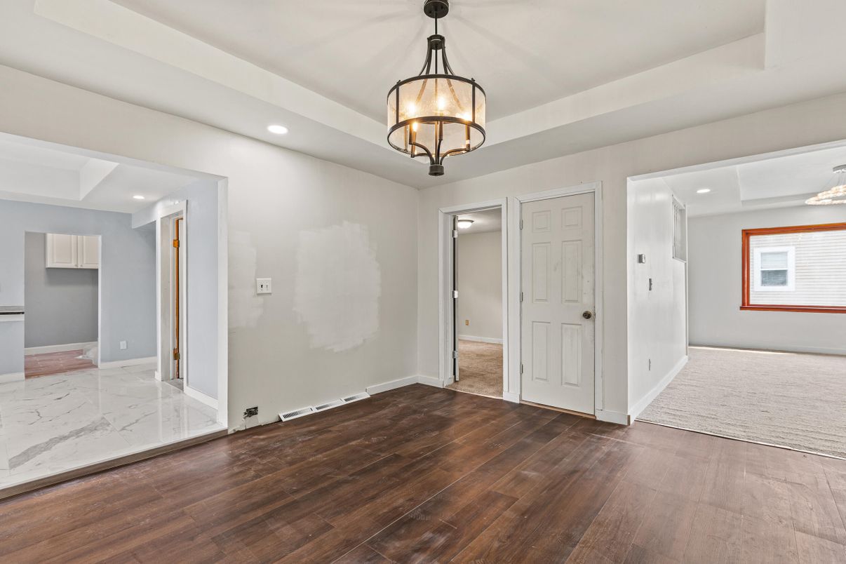 Chandelier, Empty room, Interior, Marble, Recessed Lighting, Wood Texture Flooring