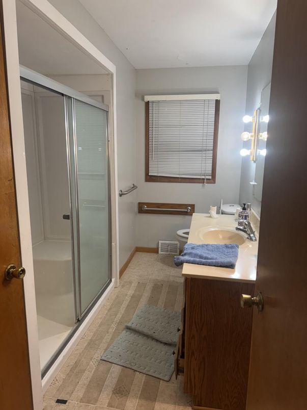Bathroom, Glass Shower, Interior, Wood Texture Flooring