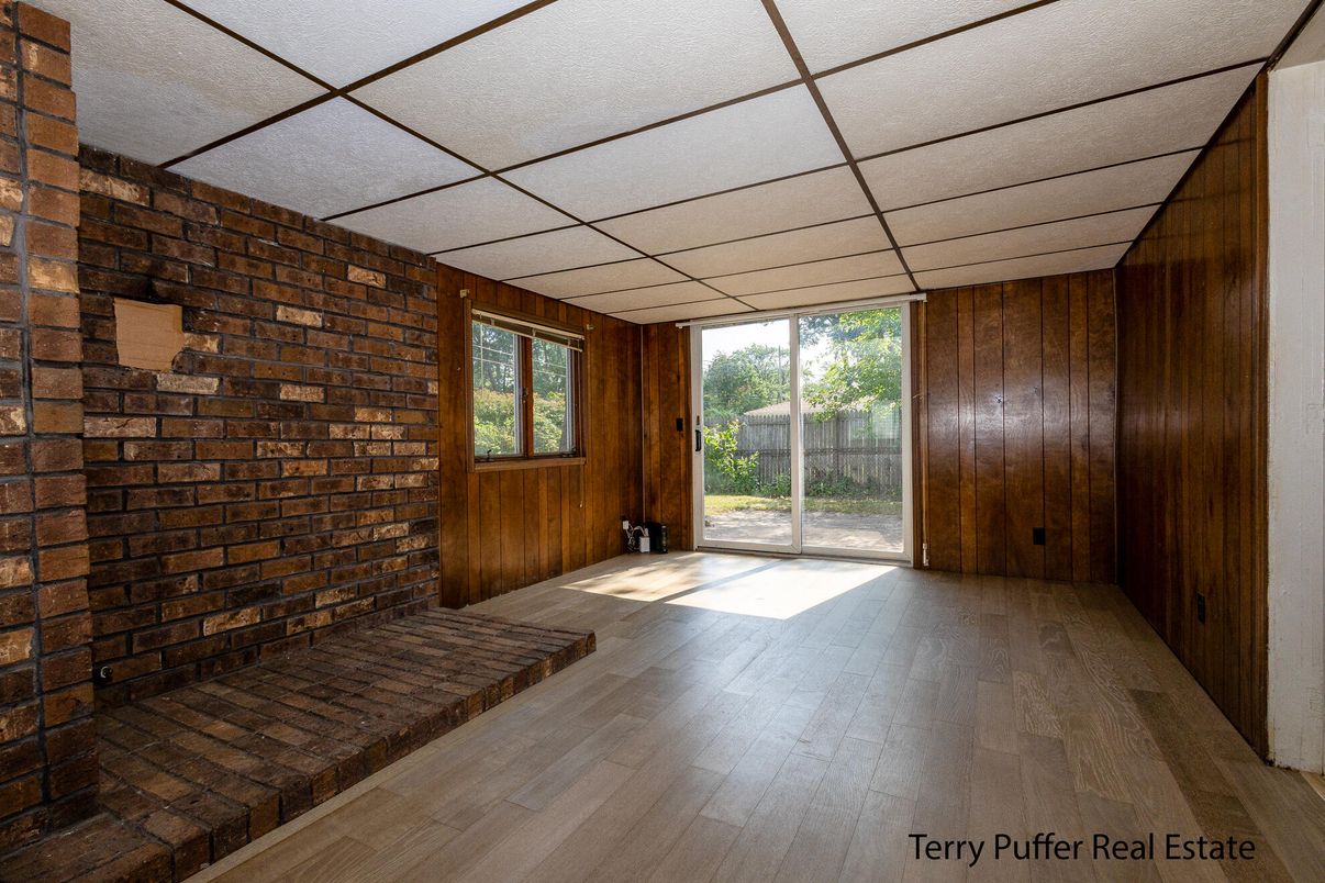 Empty room, Fireplace, Interior, Stone Walls, Wood Texture Flooring, Wooden Walls