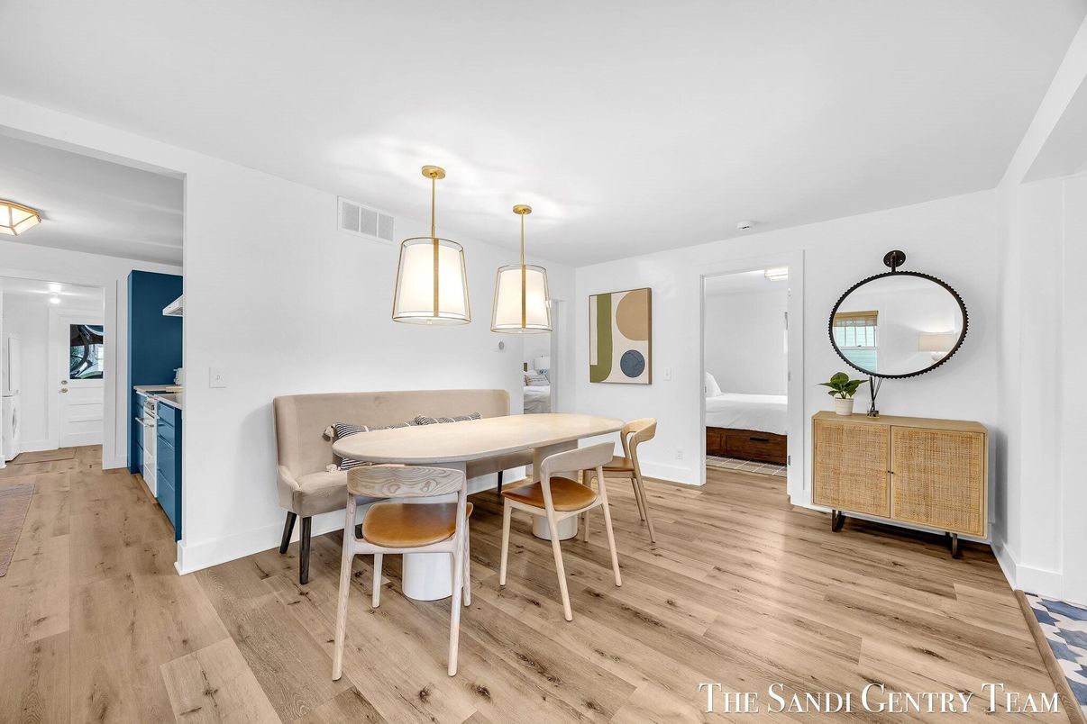 Dining room, Interior, Pendant Lights, Wood Texture Flooring