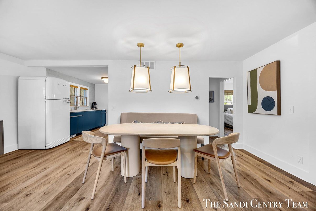 Dining room, Interior, Pendant Lights, Wood Texture Flooring
