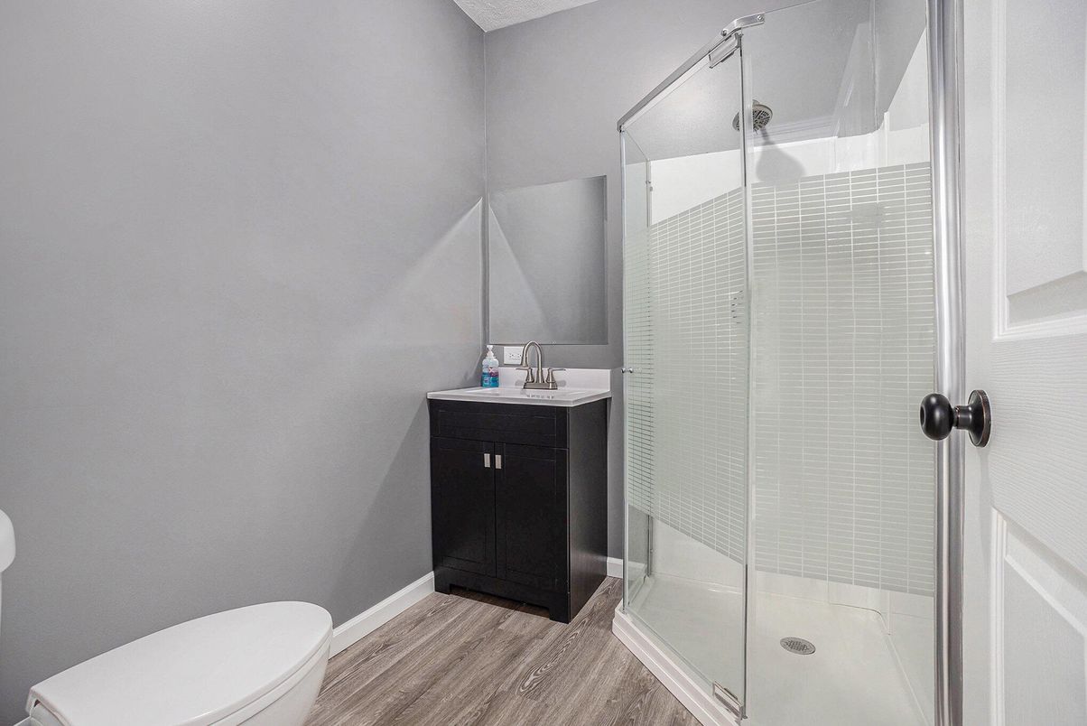 Bathroom, Glass Shower, Interior, Wood Texture Flooring