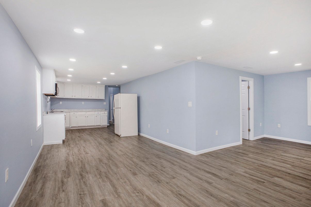 Empty room, Interior, Kitchen, Recessed Lighting, Wood Texture Flooring