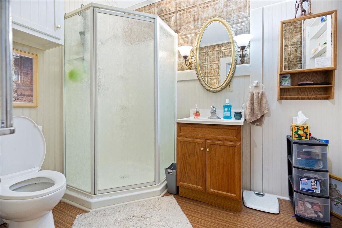 Bathroom, Glass Shower, Interior, Wood Texture Flooring