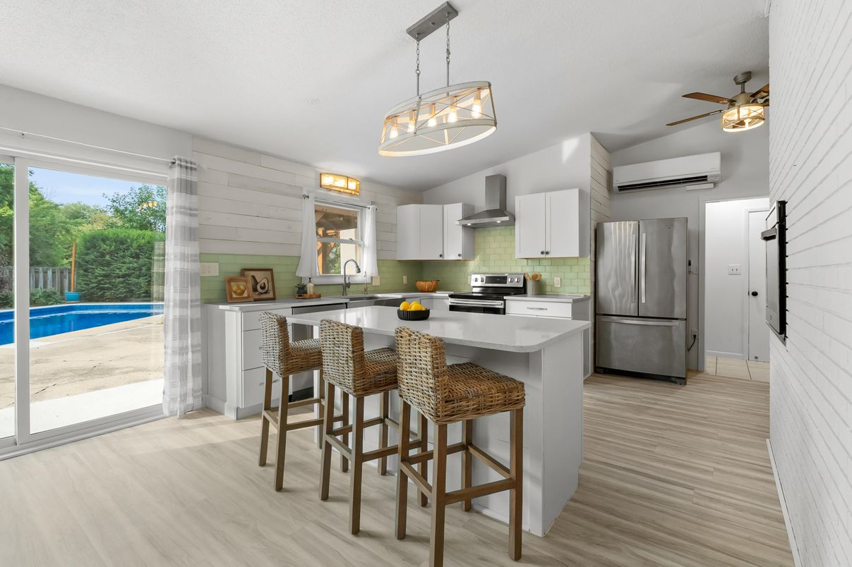 Interior, Kitchen, Pendant Lights, Stainless Steel Appliances, Wood Texture Flooring