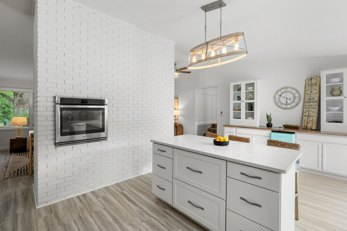 Interior, Kitchen, Pendant Lights, Stainless Steel Appliances, Stone Walls, Wood Texture Flooring