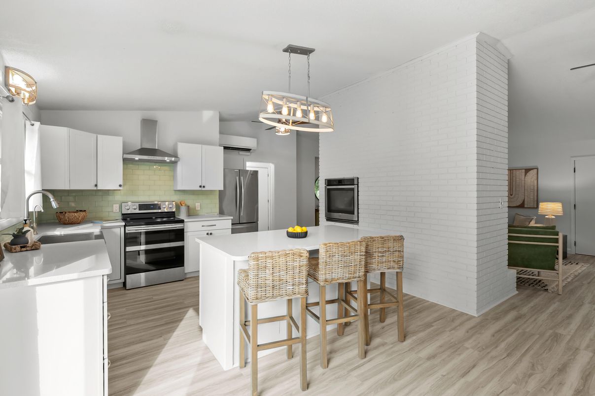 Interior, Kitchen, Pendant Lights, Stainless Steel Appliances, Wood Texture Flooring