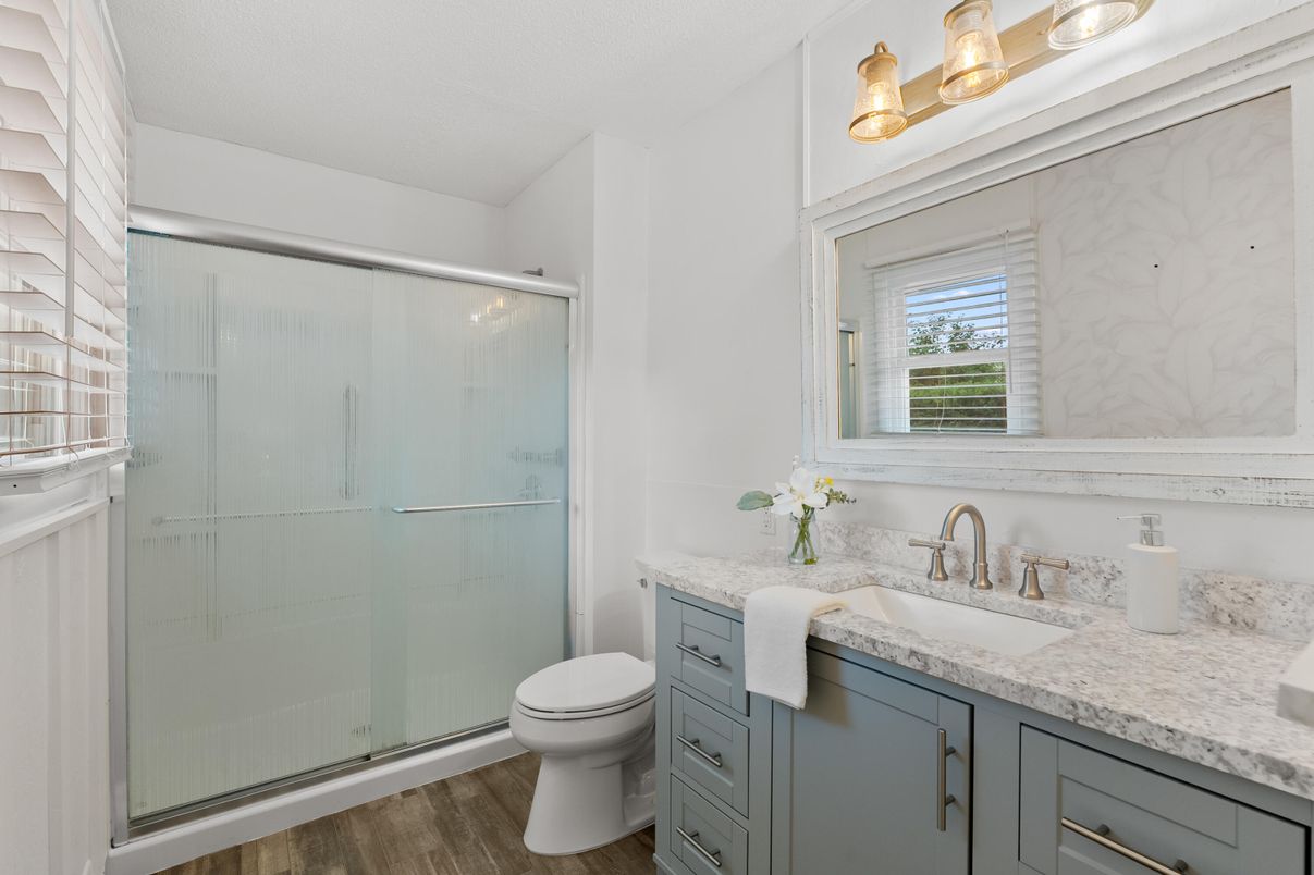 Bathroom, Glass Shower, Interior, Wood Texture Flooring
