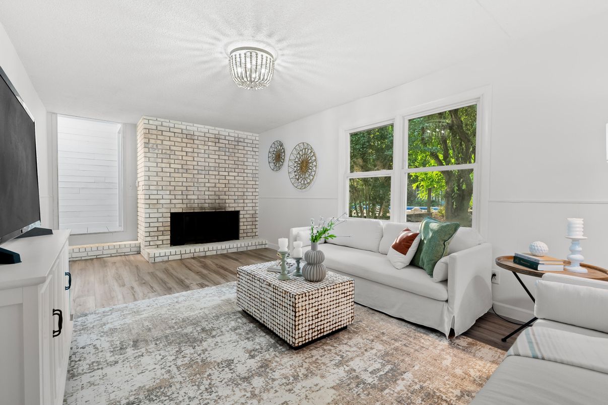Interior, Living room, Stone Walls, Wood Texture Flooring