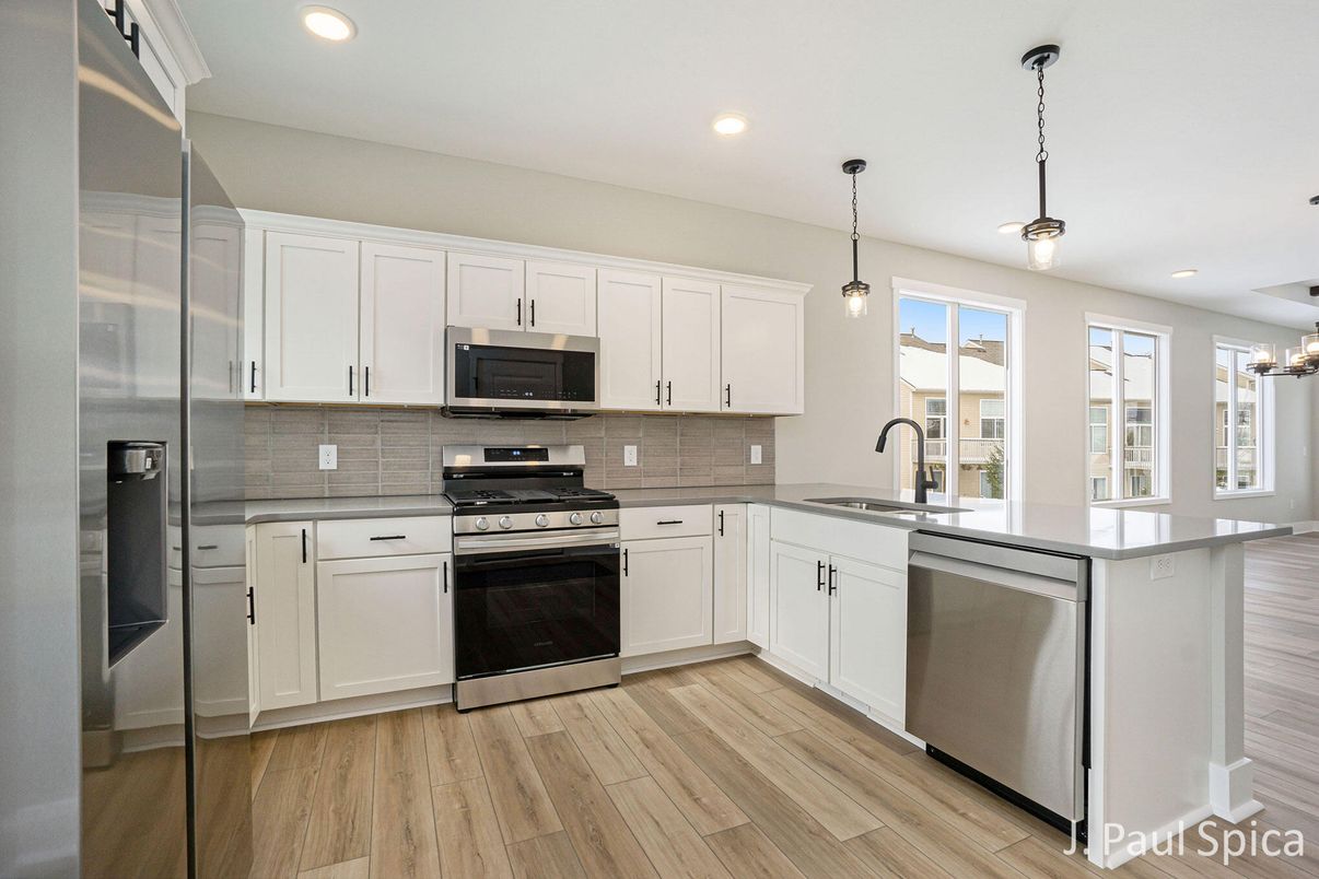 Interior, Kitchen, Pendant Lights, Recessed Lighting, Stainless Steel Appliances, Wood Texture Flooring