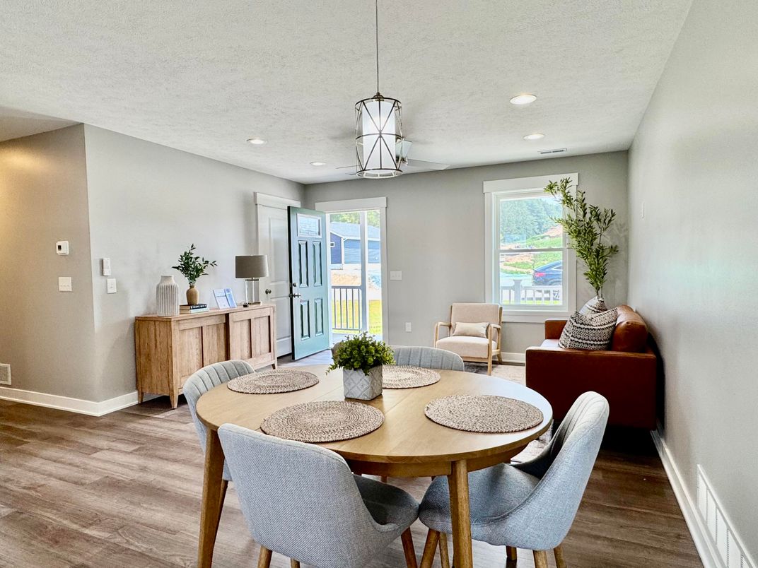 Dining room, Interior, Living room, Pendant Lights, Recessed Lighting, Wood Texture Flooring