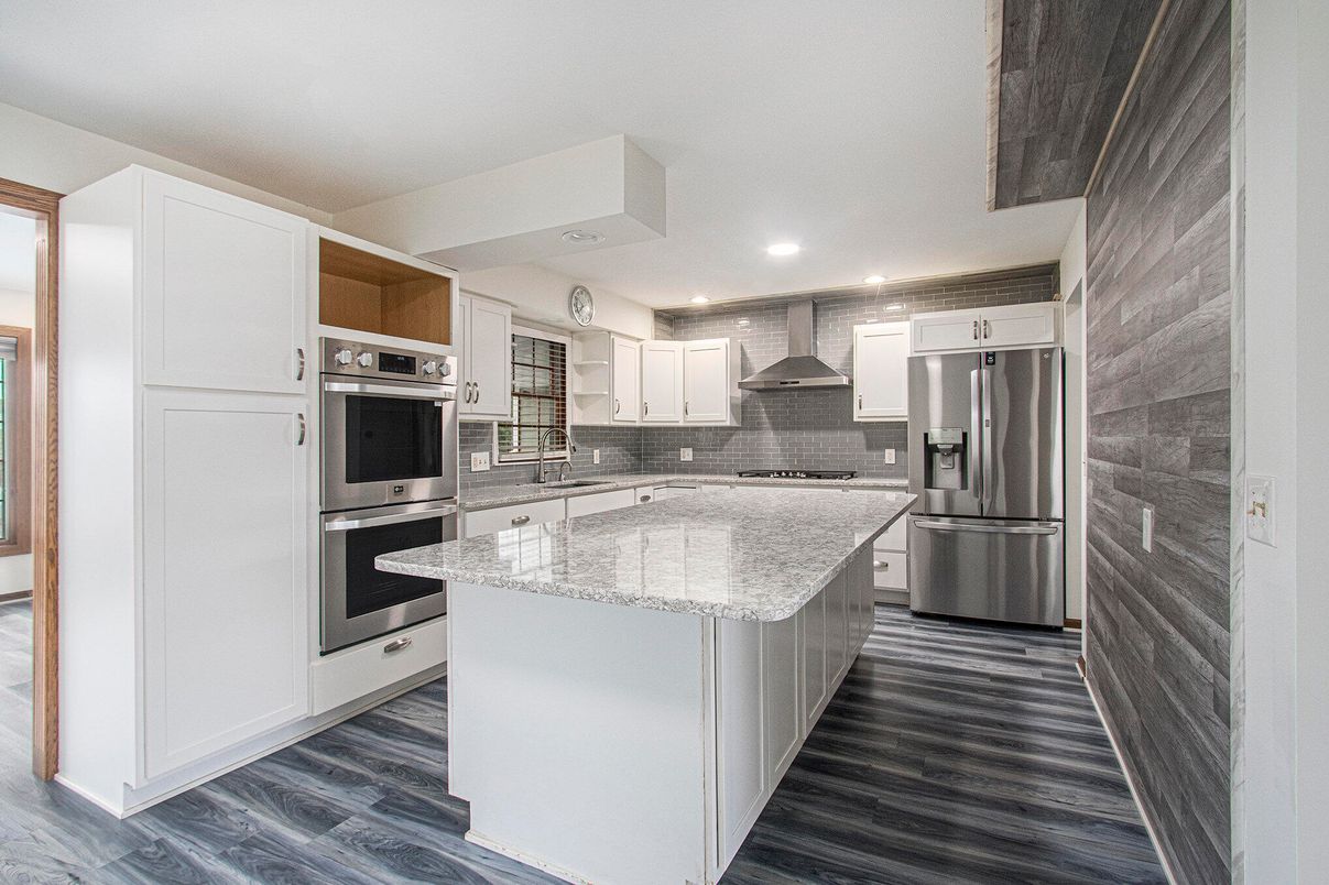 Interior, Kitchen, Recessed Lighting, Stainless Steel Appliances, Wood Texture Flooring