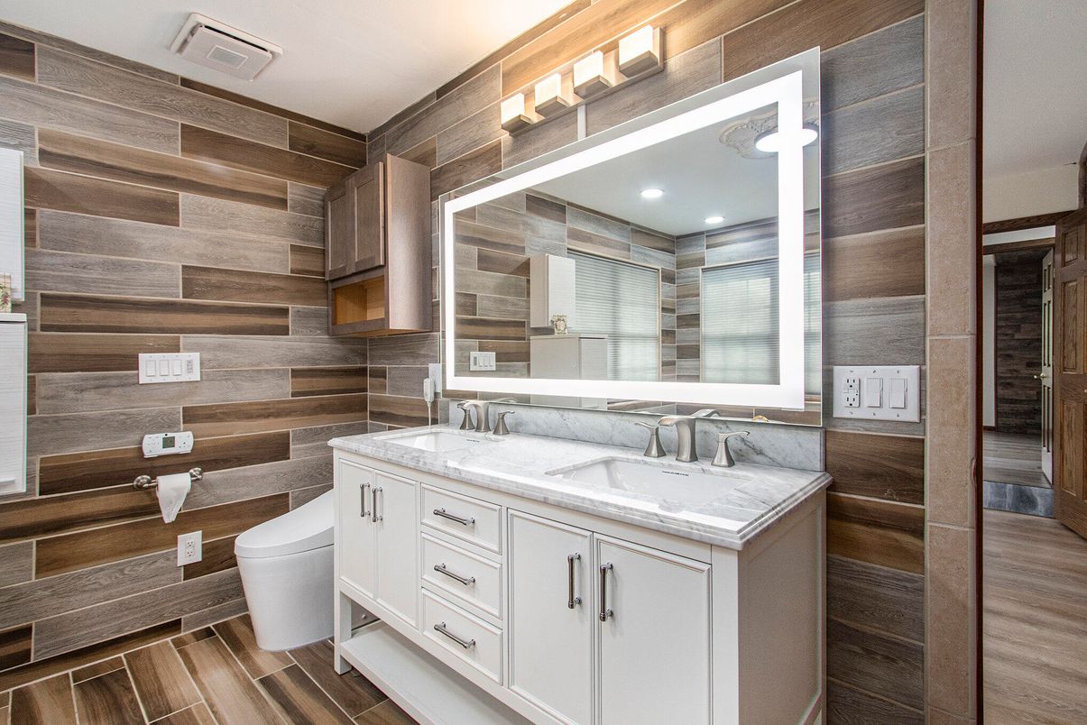 Bathroom, Dual Sink Vanities, Interior, Recessed Lighting, Wood Texture Flooring, Wooden Walls