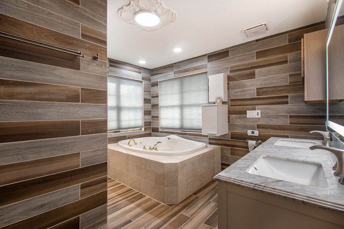 Bathroom, Dual Sink Vanities, Interior, Recessed Lighting, Wood Texture Flooring, Wooden Walls