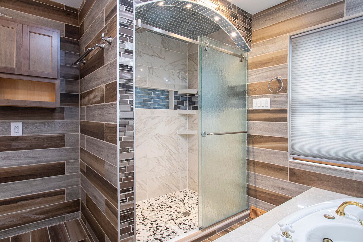 Bathroom, Glass Shower, Interior, Marble Walls, Wooden Walls