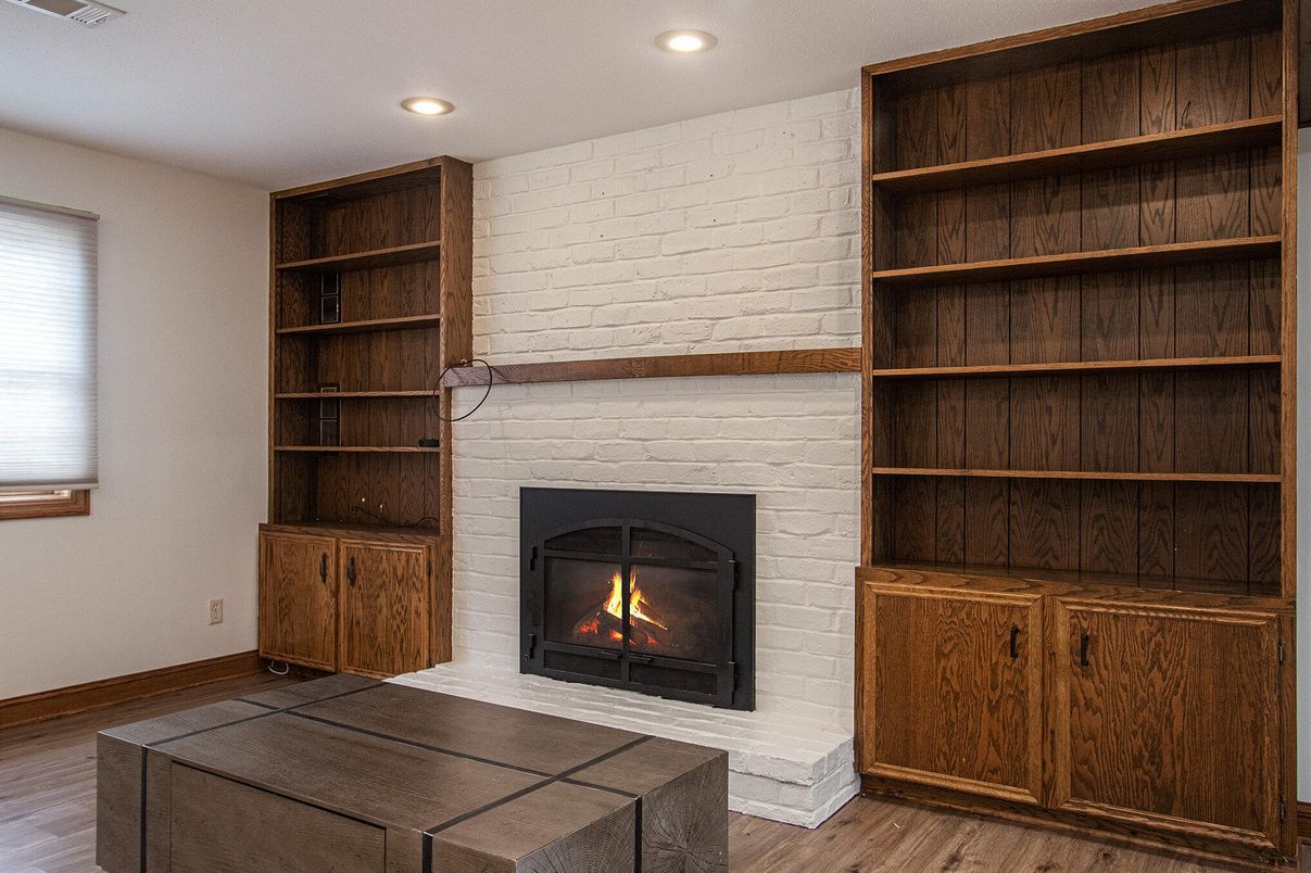Fireplace, Interior, Recessed Lighting, Stone Walls, Wood Texture Flooring
