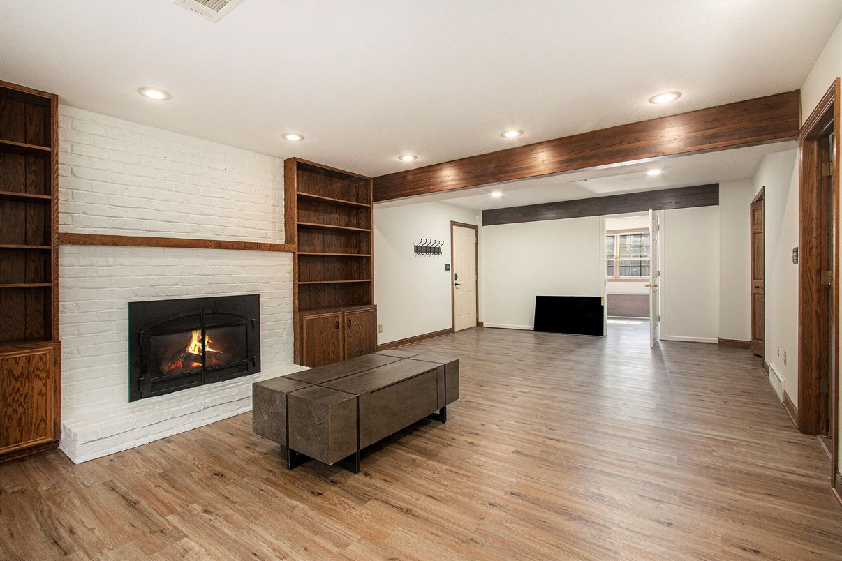 Empty room, Fireplace, Interior, Recessed Lighting, Wood Texture Flooring
