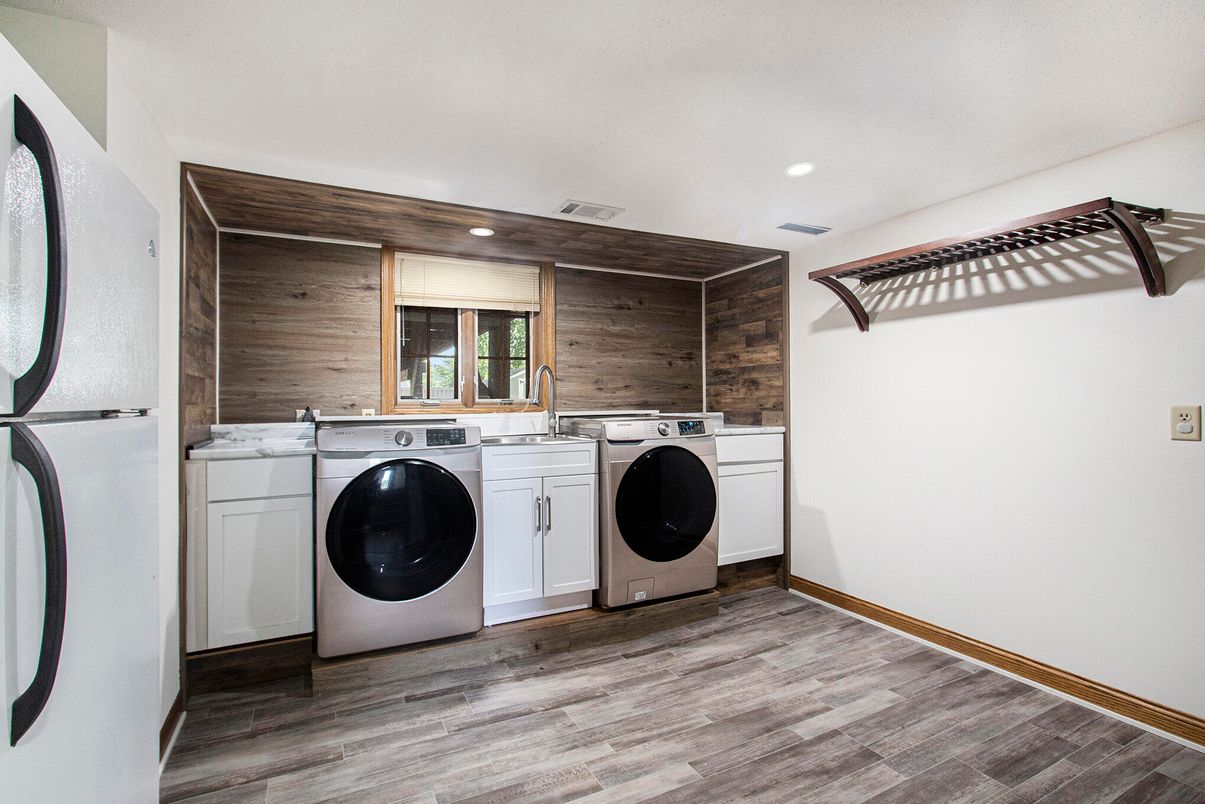 Interior, Recessed Lighting, Washer, Wood Texture Flooring, Wooden Walls
