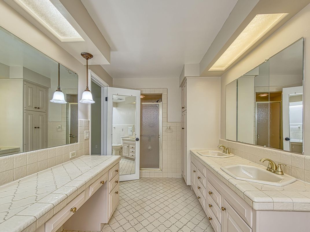 Bathroom, Dual Sink Vanities, Glass Shower, Interior, Pendant Lights, Tile Countertops