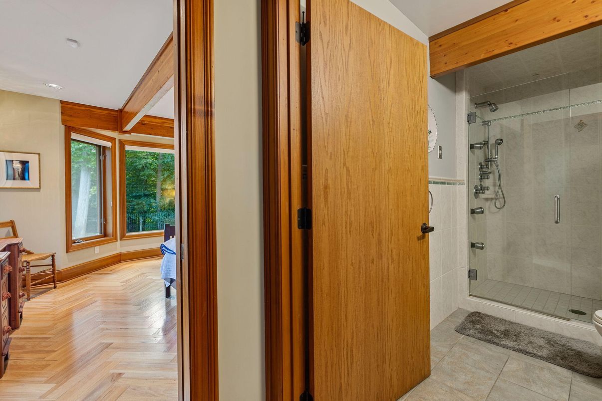 Bathroom, Glass Shower, Interior, Recessed Lighting, Wood Texture Flooring