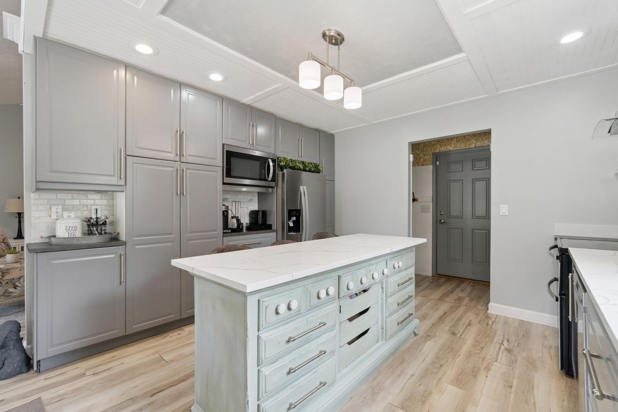 Interior, Kitchen, Pendant Lights, Recessed Lighting, Stainless Steel Appliances, Wood Texture Flooring