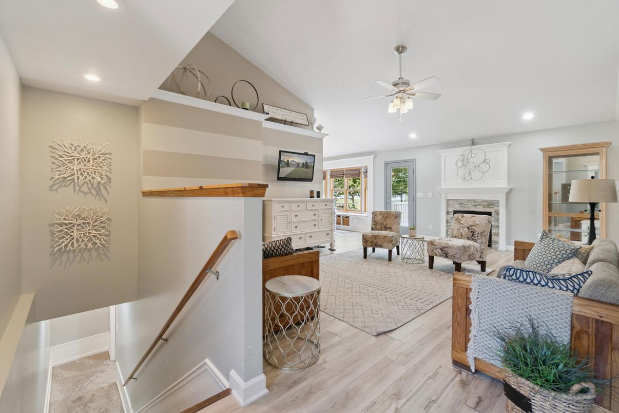 Fireplace, Interior, Living room, Recessed Lighting, Wood Texture Flooring