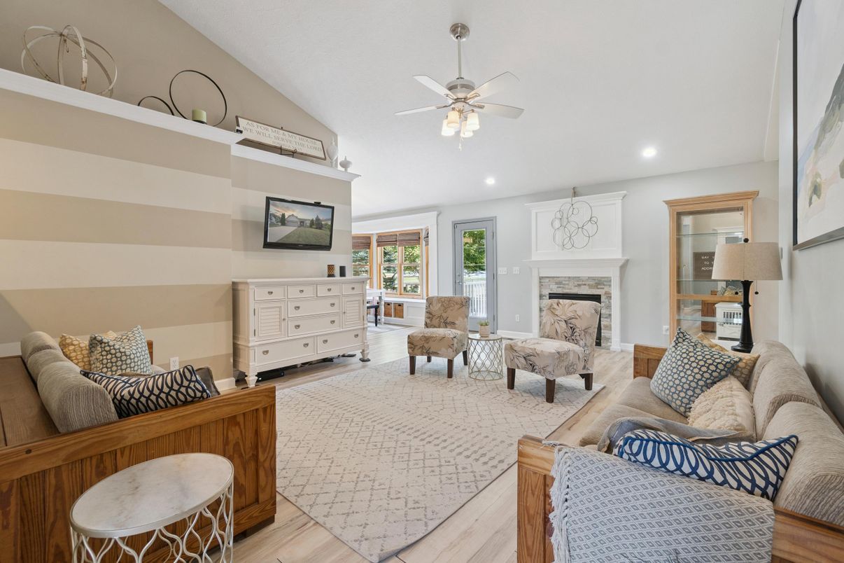 Fireplace, Interior, Living room, Recessed Lighting, Wood Texture Flooring
