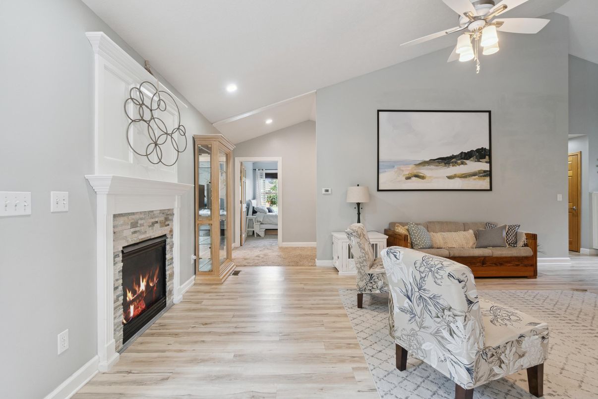 Fireplace, Interior, Recessed Lighting, Wood Texture Flooring