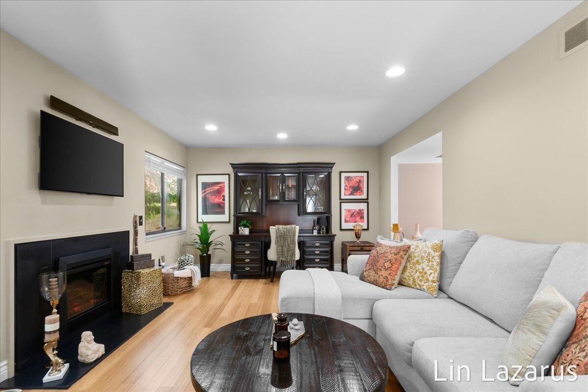 Fireplace, Home Office, Interior, Living room, Recessed Lighting, Wood Texture Flooring
