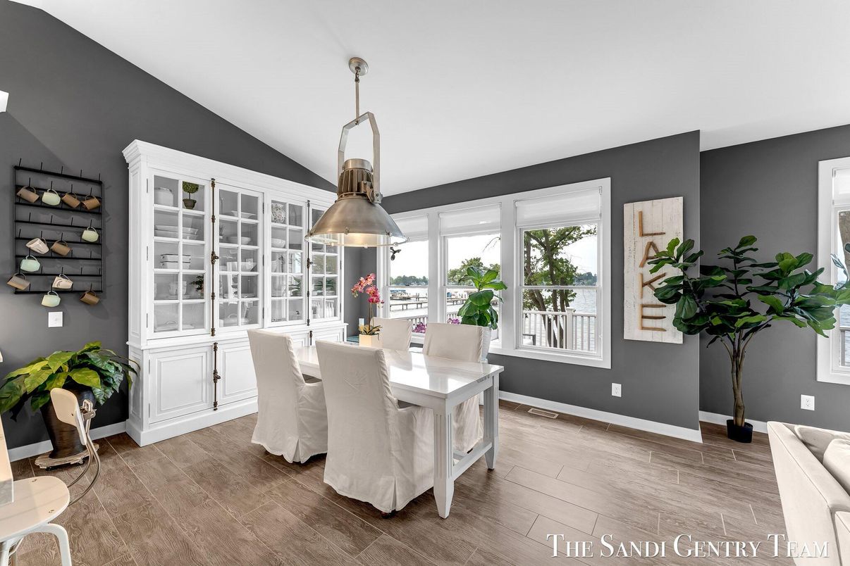 Dining room, Interior, Pendant Lights, Wood Texture Flooring