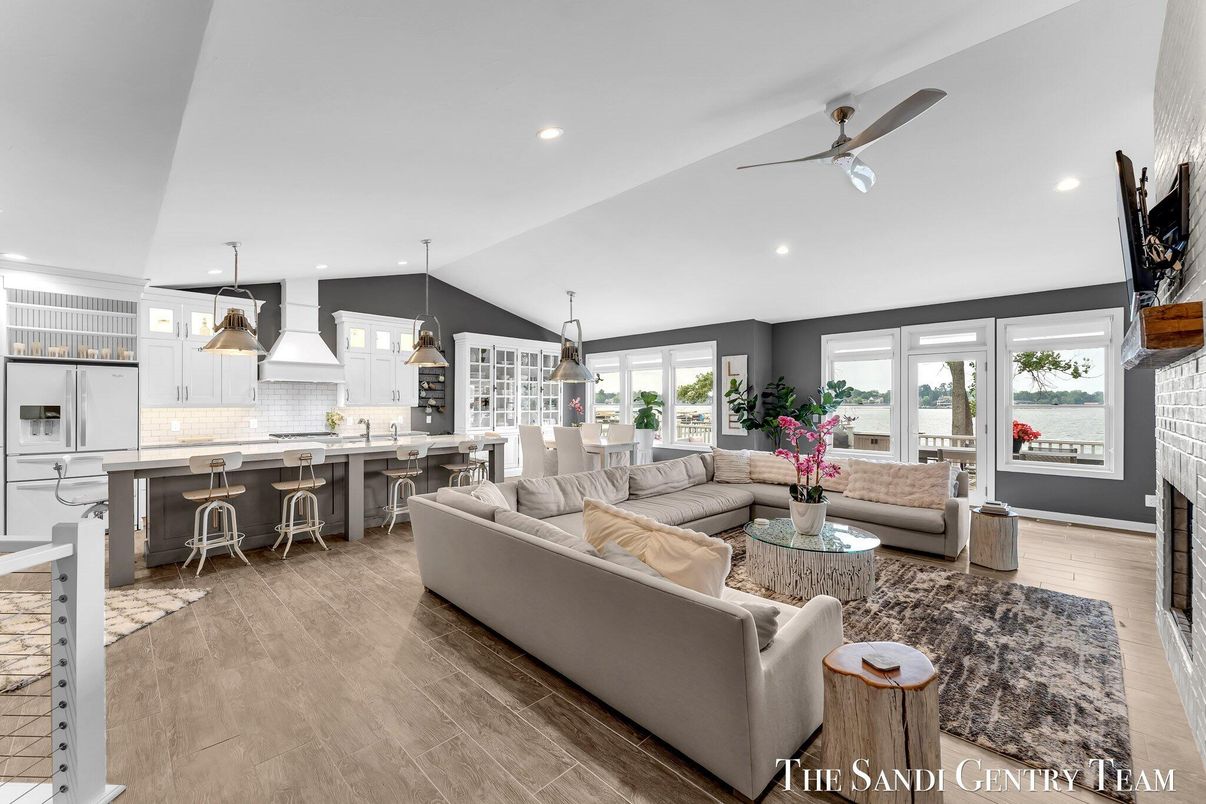 Dining room, Fireplace, Interior, Kitchen, Living room, Pendant Lights, Recessed Lighting, Wood Texture Flooring