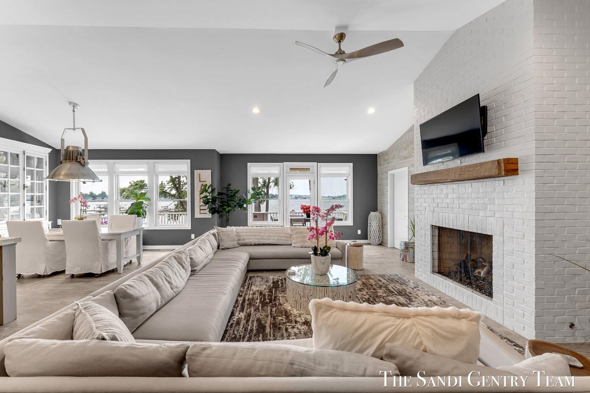 Dining room, Fireplace, Interior, Living room, Pendant Lights, Recessed Lighting, Stone Walls