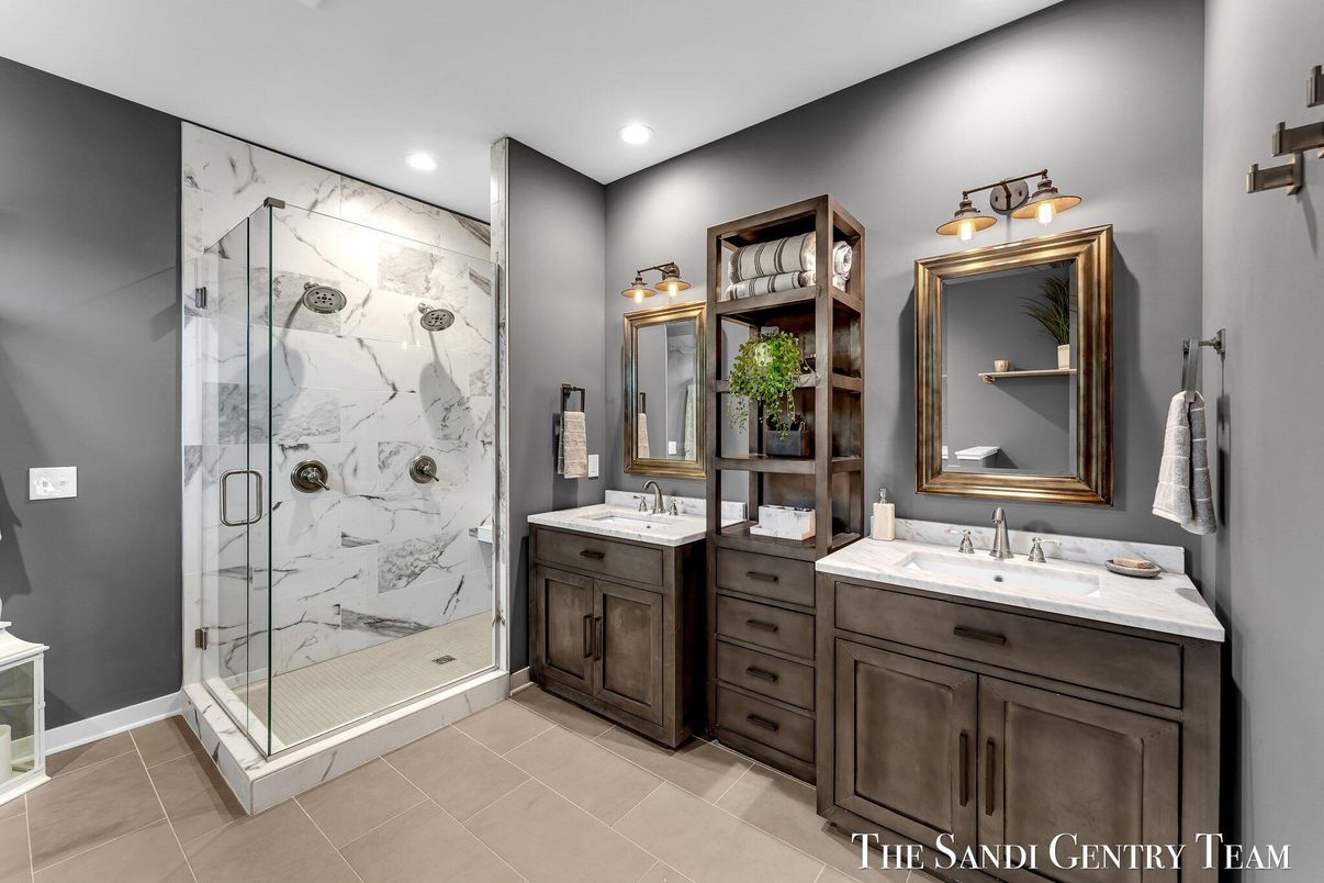 Bathroom, Dual Sink Vanities, Glass Shower, Interior, Marble Walls, Recessed Lighting