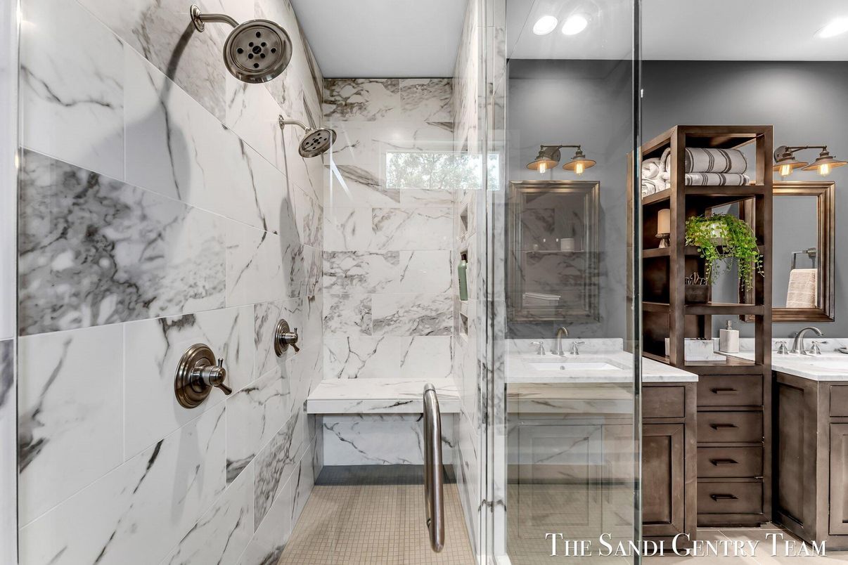 Bathroom, Glass Shower, Interior, Marble Walls, Recessed Lighting