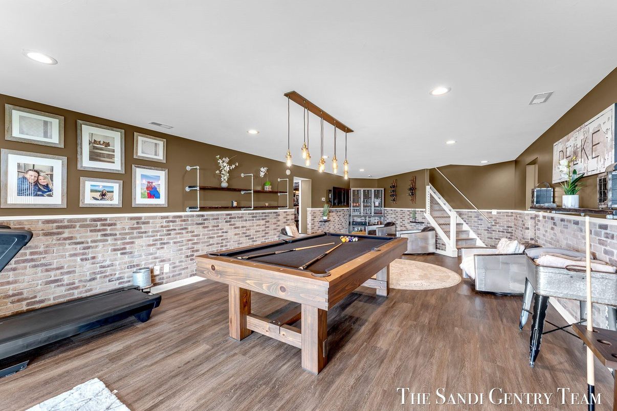 Billiard Table, Game Room, Interior, Pendant Lights, Recessed Lighting, Stone Walls, Wood Texture Flooring