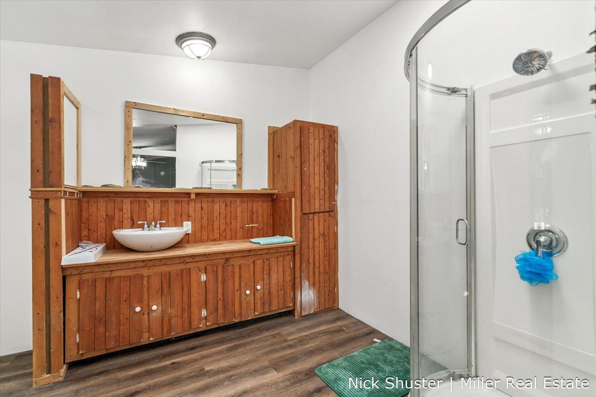 Bathroom, Glass Shower, Interior, Wood Texture Flooring