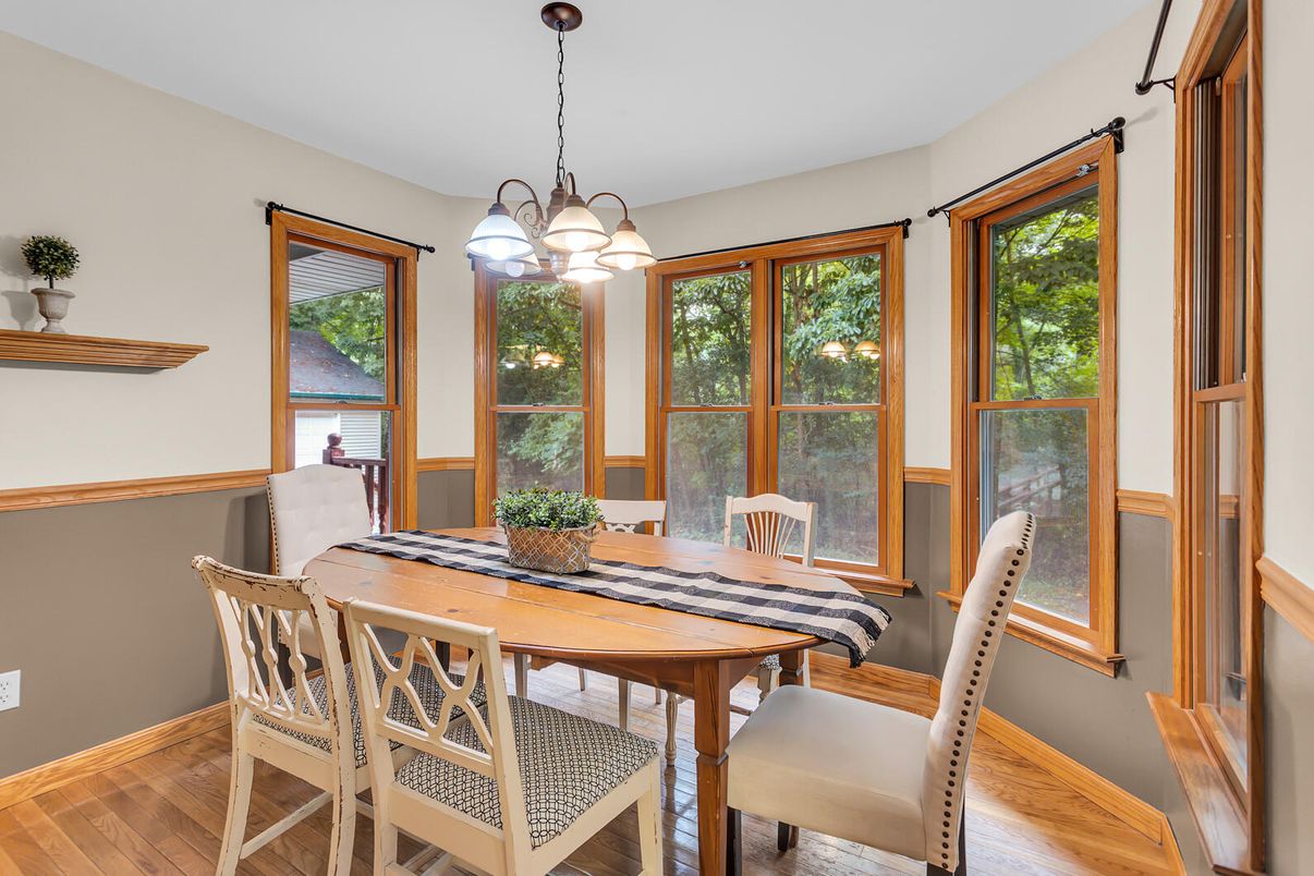 Dining room, Interior, Pendant Lights, Wood Texture Flooring