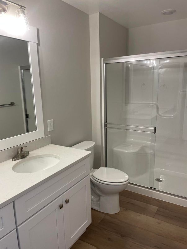 Bathroom, Glass Shower, Interior, Wood Texture Flooring