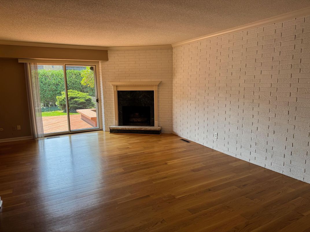 Empty room, Fireplace, Interior, Stone Walls, Wood Texture Flooring