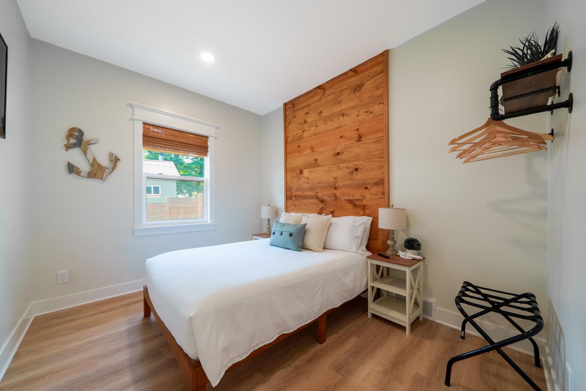 Bedroom, Interior, Recessed Lighting, Wood Texture Flooring, Wooden Walls