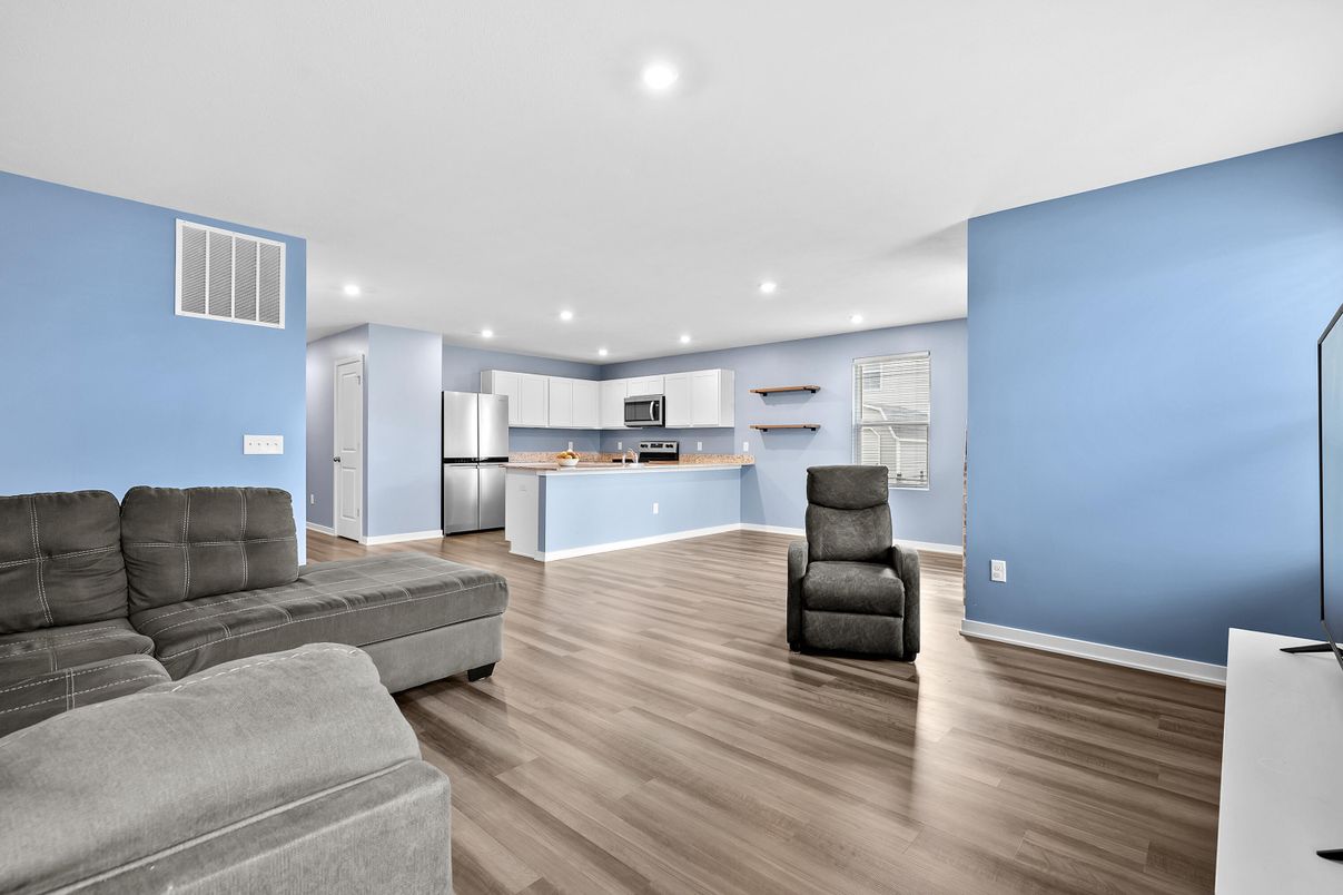 Interior, Kitchen, Living room, Recessed Lighting, Stainless Steel Appliances, Wood Texture Flooring