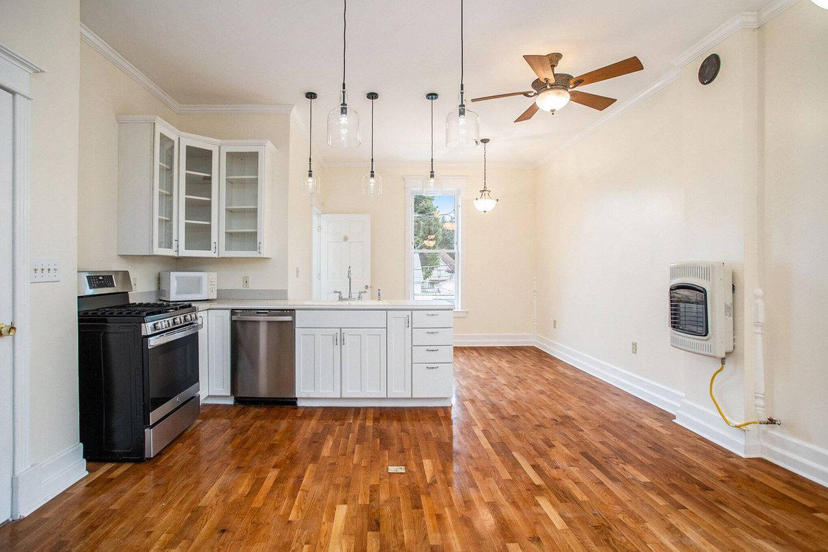 Interior, Kitchen, Pendant Lights, Stainless Steel Appliances, Wood Texture Flooring